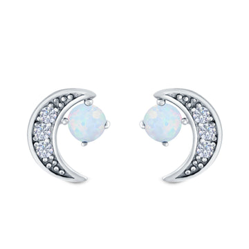 Moon Stud Earrings Lab Created White Opal Simulated CZ 925 Sterling Silver (10mm)